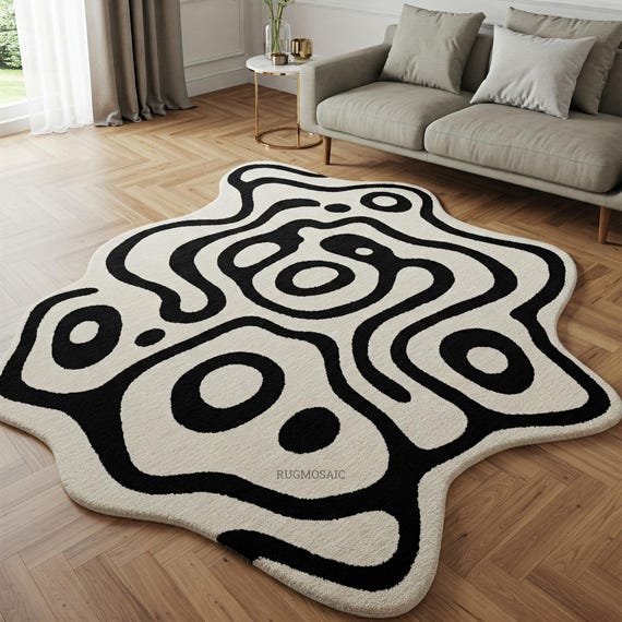 Irregular Black and White Abstract Hand Tufted Amoeba Shape Soft Wool 6x9 Kids Room Rug, Modern Contemporary Custom Area Rug for Living Room