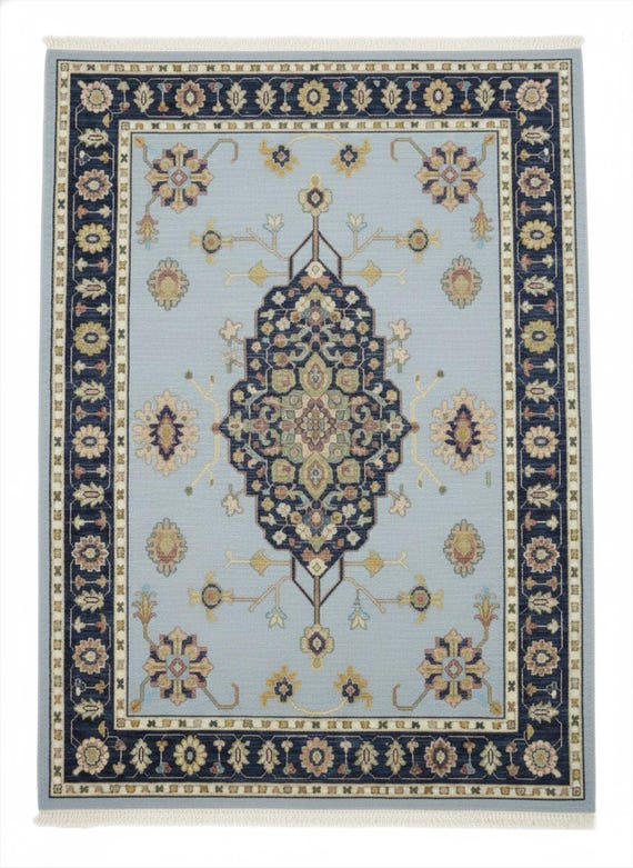 Soft Blue Oushak Wool Rug, Hand-Knotted Medallion Floral Carpet