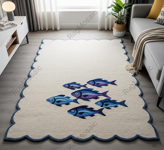 Off White Deep Blue Fish Wavy Bordered Hand Tufted Rug For Bedroom, Modern Animal Print Custom Living Room Area Rug, Kitchen Runner Carpet