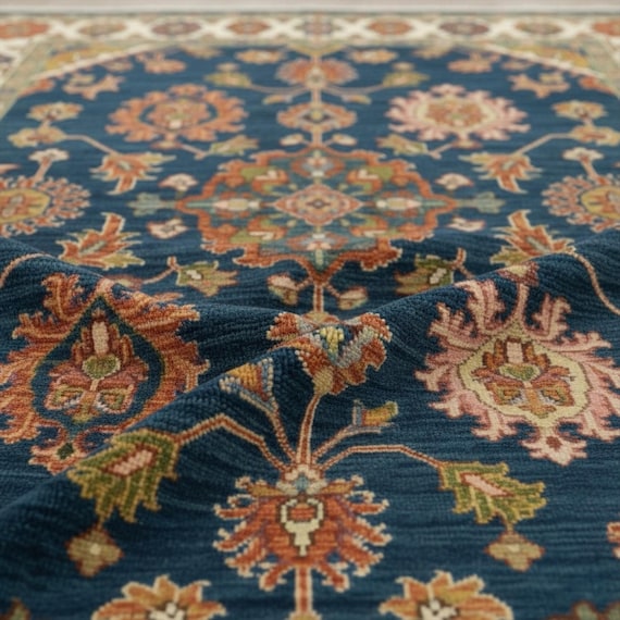 Navy Blue Oriental Style Floral Oushak Rug, Beige Border Hand Knotted 5x8, 8x10, 9x12 Area Rug For Bedroom, Traditional Tukish Knot Area Rug
