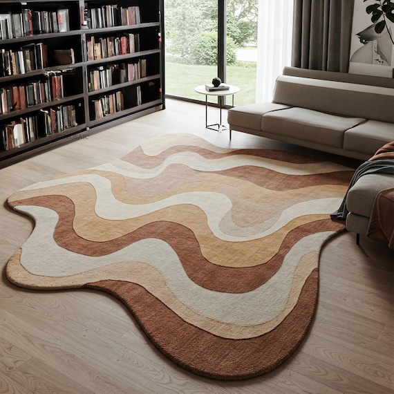 Irregular Beige Cream Brown Hand Tufted Rug, Abstract Wavy Wool Area Rugs for Bedroom