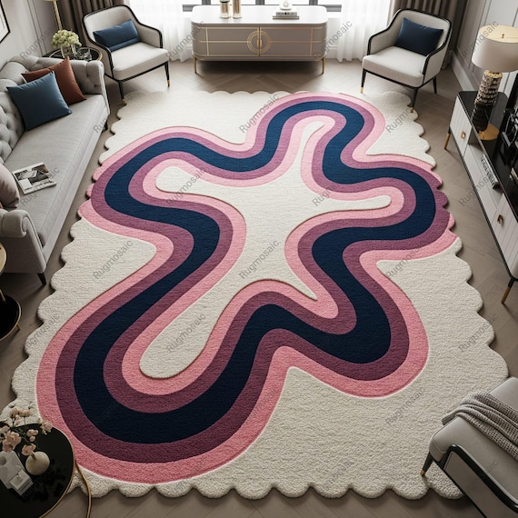 Off White Blue Pink Abstract Hand Tufted Wool Area Rugs for Bedroom, Modern Scallop Border Artistic Living Room Rug, Luxury Handmade Carpets