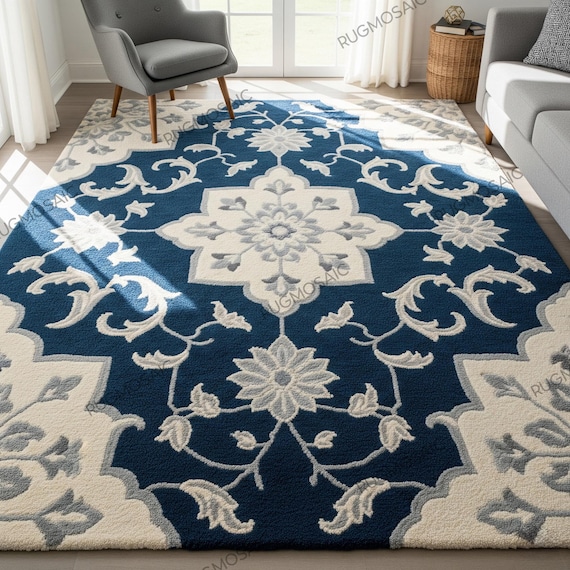 Floral Medallion Hand Tufted Rug, Off White Navy Blue Wool Area Rugs for Living Room, 8x10 Traditional Custom Flower Rug, Dining Room Carpet