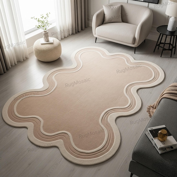 Light Beige Irregular Abstract Off White Border Hand Tufted Wool Rug For Bedroom, Modern Unique 6x9 Living Room Rug, Custom Kids Room Carpet