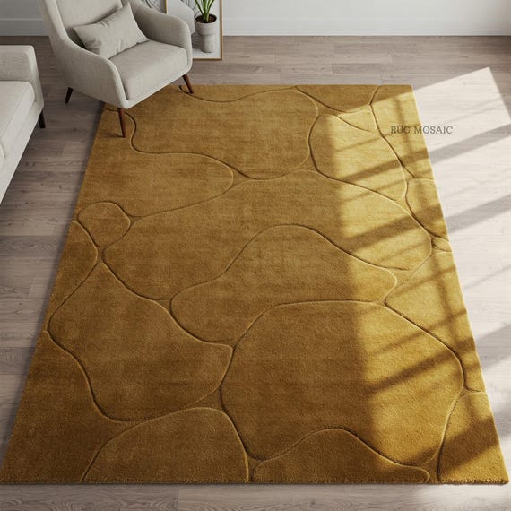 Handmade modern organic tufted rug golden contemporary abstract rug soft textured living room area wool rugs 6x9, 8x10, 9x12 large carpet
