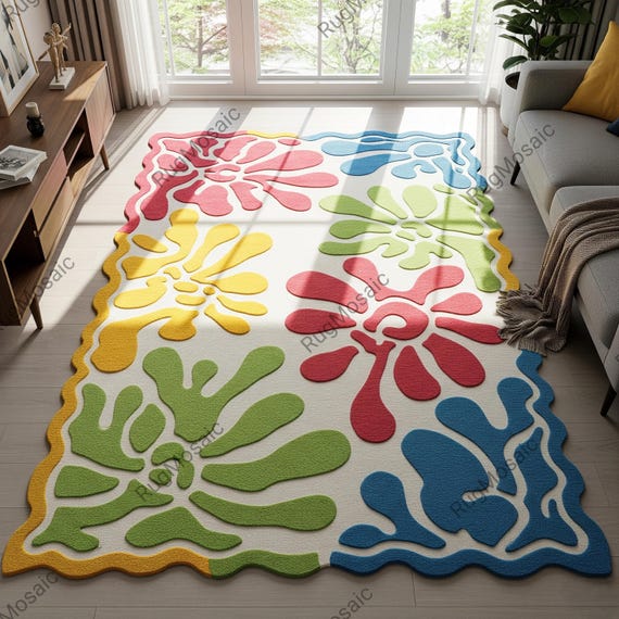 Off White Multicolor Floral Scalloped Border Hand Tufted Wool Rugs For Kids Room, Abstract 8x10 Living Room Area Rug, Handmade Designer Rug
