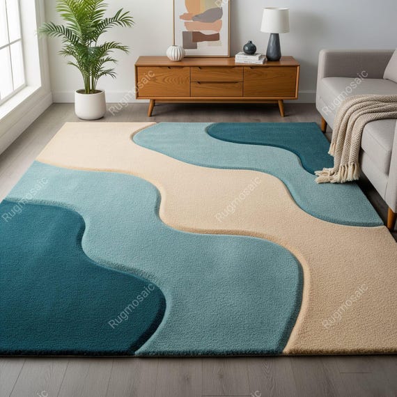 Teal Blue Beige Abstract Hand Tufted Textured Wavy Wool Area Rugs for Bedroom, Modern High Pile Living Room Rug, Custom Size Indoor Carpets
