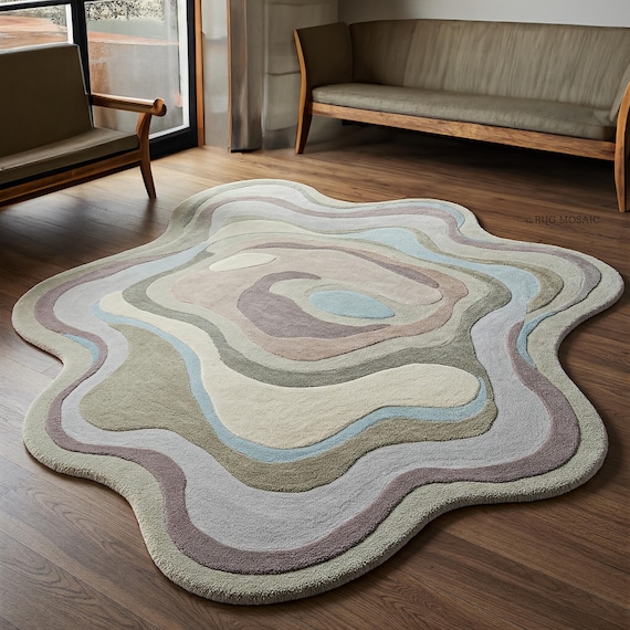 Hand Tufted Irregular Abstract Wavy Rug, Colorful Organic Wool Area Rugs for Kids Room