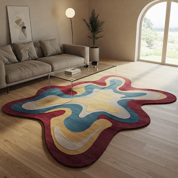 Multicolor Irregular Hand Tufted Organic Shape Custom Area Wool Rugs for Kids Room, Abstract Amoeba Design Floor Art 8x10 Living Room Rug