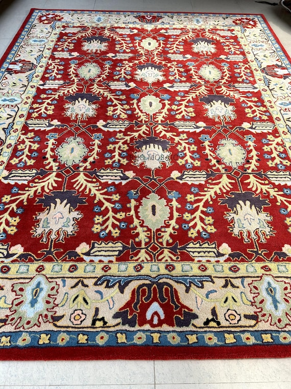 Hand Tufted Rug Persian Inspired Floral Design in Rich Red and Accent Colors Wool Rugs for Living room 8x10, 9x12, 10x14 ft