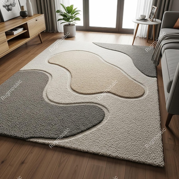 Off White Grey Beige Abstract Hand Tufted Textured Wool Area Rugs for Bedroom, Modern Organic Design High Low Pile Handmade Living Room Rug