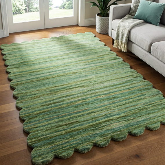 Scalloped Edge Green Hand Tufted Striped Design Custom Wool Rug for Living Room, Modern Wavy Large Area 6x9 8x10 9x12 Bedroom Kids Room Rugs