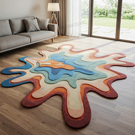 Multicolored Irregular Amoeba Shape Hand Tufted Abstract Layered 6x9 Kids Room Rug, Modern Melting Design Wool Area Rug for Living Room 8x10