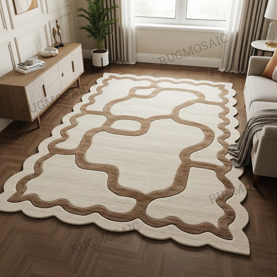 Abstract Beige Brown Line Scalloped Border Hand Tufted Wool Rug for Living Room, Modern Organic Design 8x10 Bedroom Rugs, Custom Area Carpet
