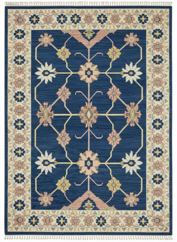 Navy Blue Oushak Wool Rug, Floral Hand Knotted Turkish Carpet