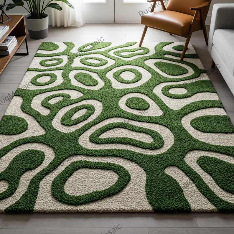 Creamy off White Green Abstract Hand Tufted Wool Rugs for Living Room ...