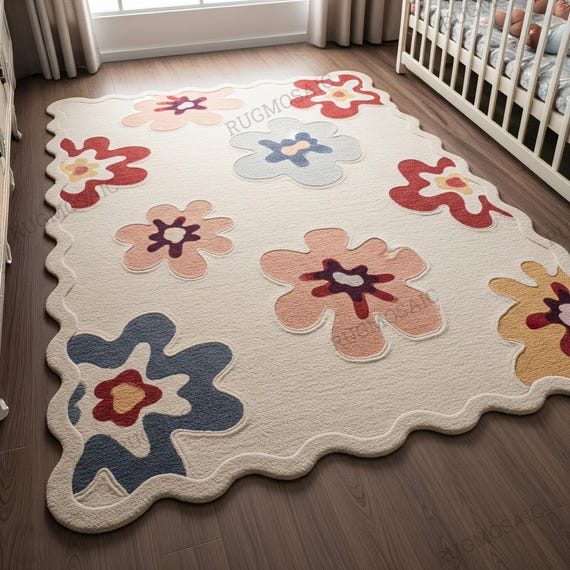 Ivory Multicolor Hand Tufted Floral Scalloped Border Wool Rug, Modern Flower Design Medium Pile Soft Nursery Rug, Custom Area Bedroom Carpet