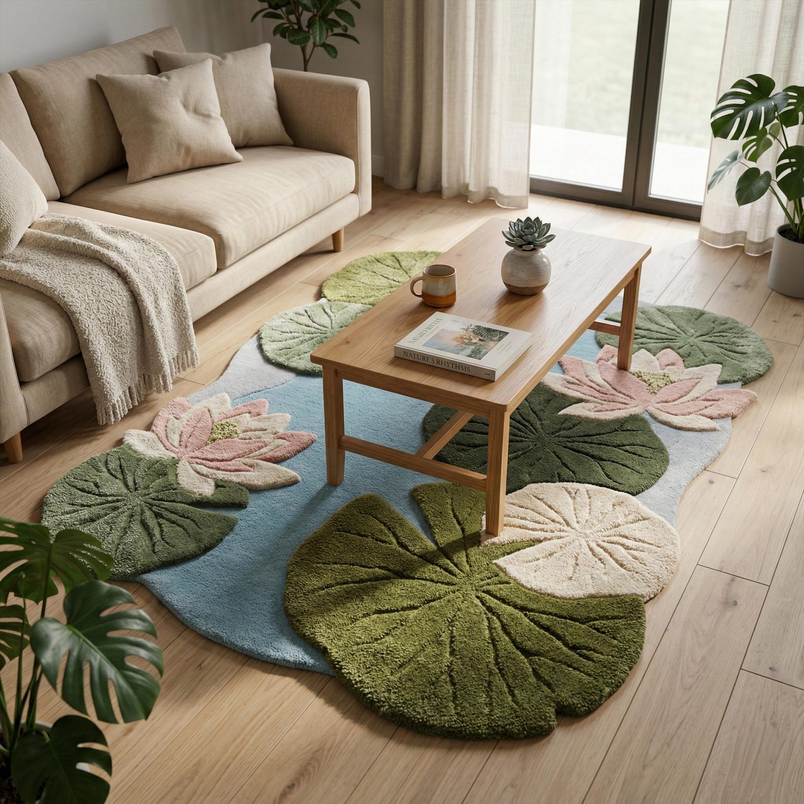 Lily Rug Moss Green Blue Lily Pad Wool Rug, Floral Hand Tufted 3D Textured Area ...