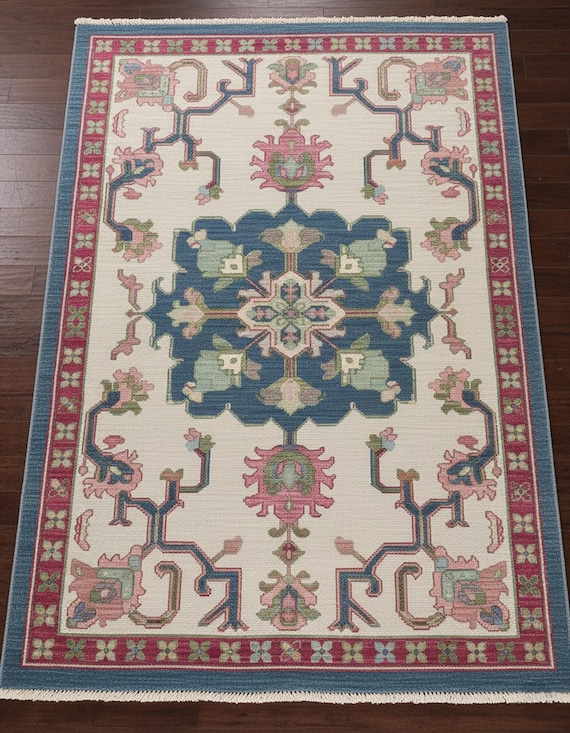 Ivory Navy Blue Border Oushak Wool Rug, Colorful Floral Hand Knotted 5x8 8x10 9x12 Area Rugs For Bedroom, Traditional Tukish Knot Carpet