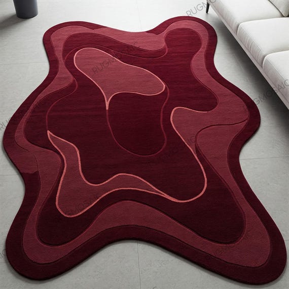 Abstract Hand Tufted Irregular Deep Red Amoeba Shape Layered Design Wool Rug for Kids Room, Modern Wavy Texture Custom Area Bedroom 8x10 Rug