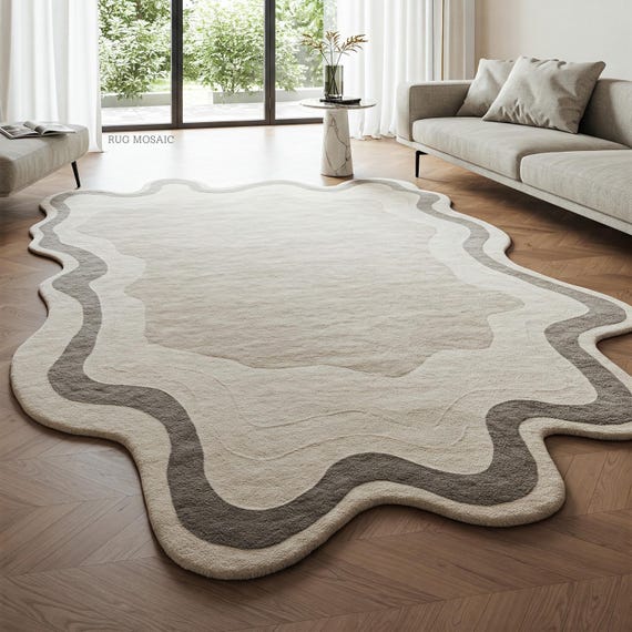 Muted Beige Grey Irregular Shape Modern Wavy Hand Tufted Living Room Rug, Abstract Contemporary Soft Handmade Wool Area 6x9 Kids Room Rugs