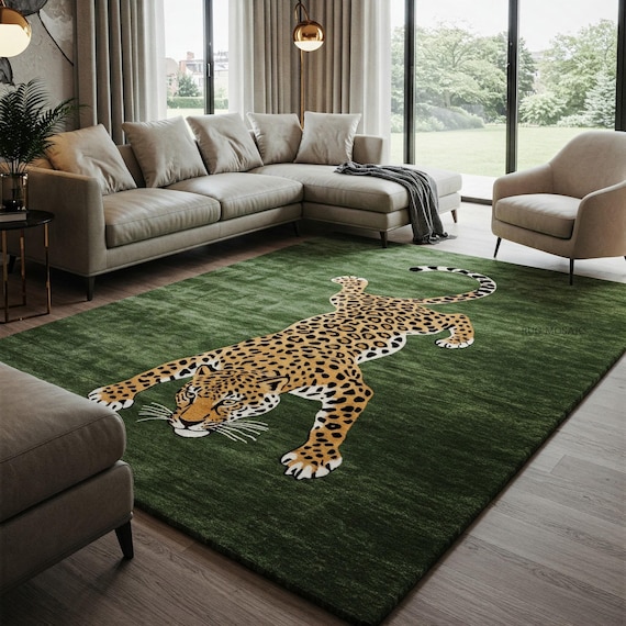 Hand Tufted Green Rug Gold Leopard Area Carpet for Living room 5x7, 8x10, 9x12, 10x14  Handmade Animal Print Rug Custom Wool Rugs Bedroom