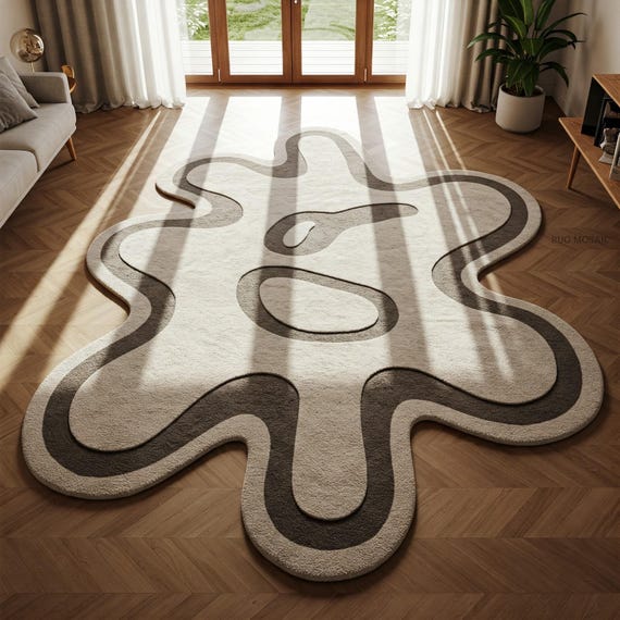 Irregular Off White Dark Grey Hand Tufted Organic Shape Wool Rugs for Kids Room, Modern Abstract Floor Art Custom Area Living Room Rug 8x10