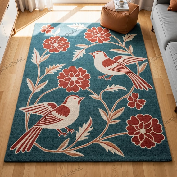 Teal Blue Off White Red Bird Floral Hand Tufted Wool Area Rug for Nursery, Modern Botanical Design Eco Freindly Custom Floor Living Room Rug