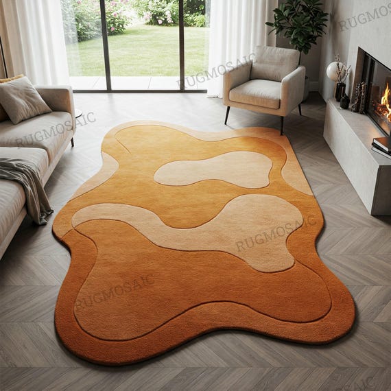 Brunt Orange Beige Modern Irregular Hand Tufted Amoeba Shape Wool Area Rugs for Kids Room, Abstract Melting Design 6x9 8x10 Living Room Rug