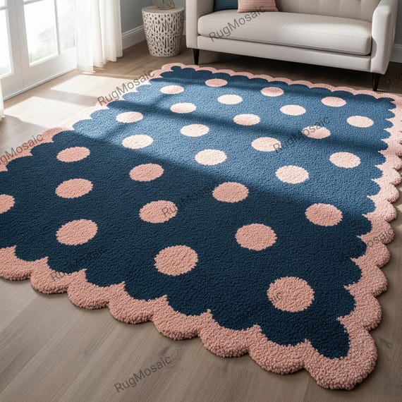 Navy Blue Pink Polka Dot Scalloped Border Hand Tufted Wool Rugs For Nursery, 8x10 5xLiving Room Custom Handmade Area Rug, Kitchen Runner Rug