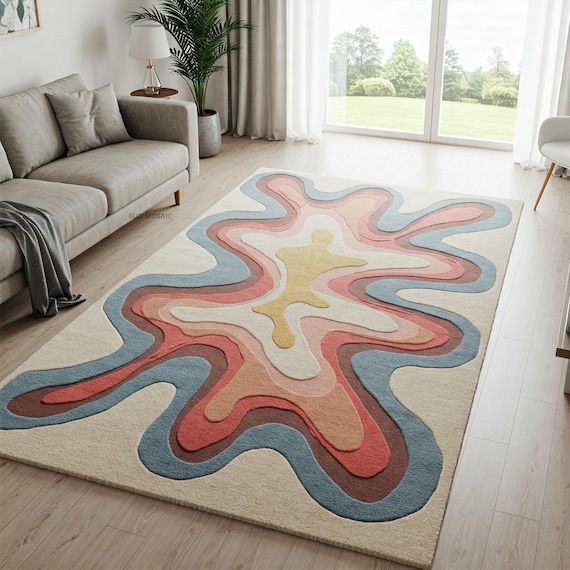 Colorful Wavy Layered Irregular Tufted Large Modern Abstract Rug Handmade Unique 3D Design Wool Textured Rug for living room 9x12 Wool Rugs