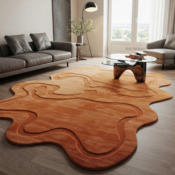 Irregular Burnt Orange Hand Tufted Carpet for Living room Handmade Abstract Area Rug 5x7, 8x10, 9x12 High Low Pile Custom Wool Rugs Bedroom