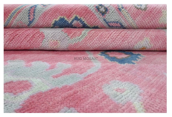 Exquisite Pink Oushak Hand Knotted Vibrant Gray Blue Hints of Yellow Floral Area Rug  8x10, 9x12 Traditional Classic Rugs for Living Room