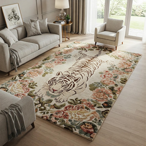 Cream Tufted Tiger and Pastel Floral Border Rug Animal Print rug  for Living room 8x10, 9x12 Handmade Custom Area Wool Rugs for Bedroom