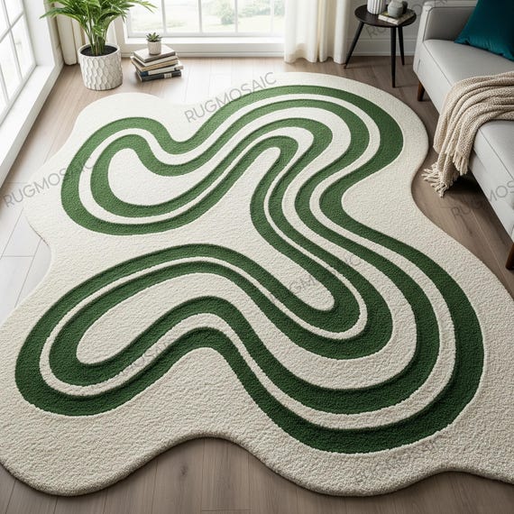 Off White Forest Green Irregular Wavy Hand Tufted Wool Rug for Kids Room, Modern Abstract Unique Textured Freeform Custom Bedroom Area Rugs