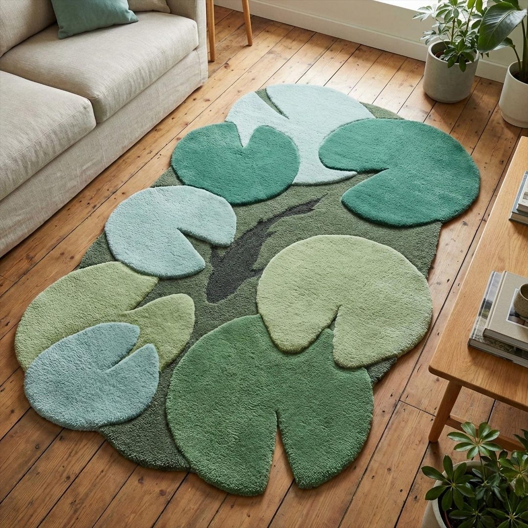 Green Floating Lily Pad Fish Rug, Irregular Hand Tufted Botanical Wool ...