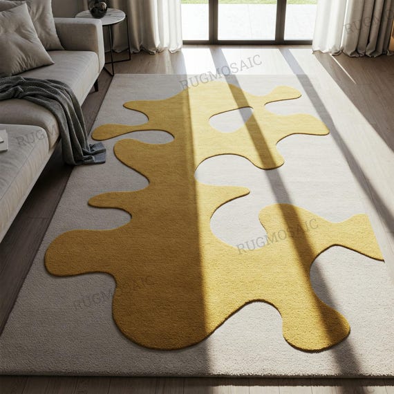 Neutral Beige Abstract Hand Tufted Mustard Yellow Melting Design Custom Wool Rug for Living Room, Modern Unique Textured Bedroom Area Rugs