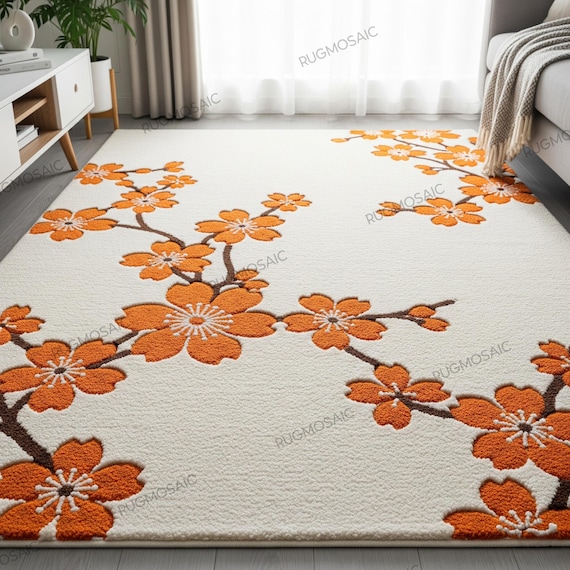 Ivory Orange Cherry Blossom Hand Tufted Floral Wool Rug for Living Room, Modern Minimalist Flower Area Bedroom Rugs 8x10, Custom Indoor Rugs
