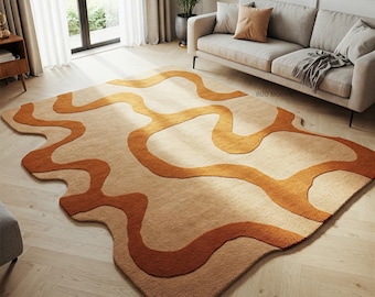 Beige Burnt Orange Wool Tufted Rug, Abstract Wavy Area Rugs for Living Room