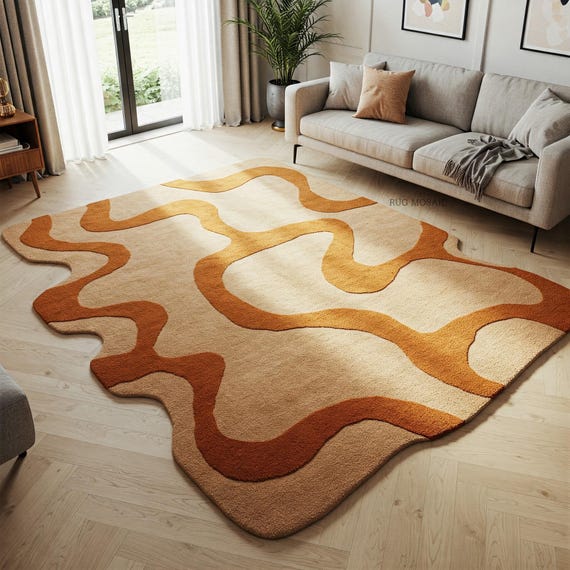 Modern hand tufted rug beige and orange wavy design rug for living room 8x10, 9x12 large irregular abstract organic lines area rugs bedroom