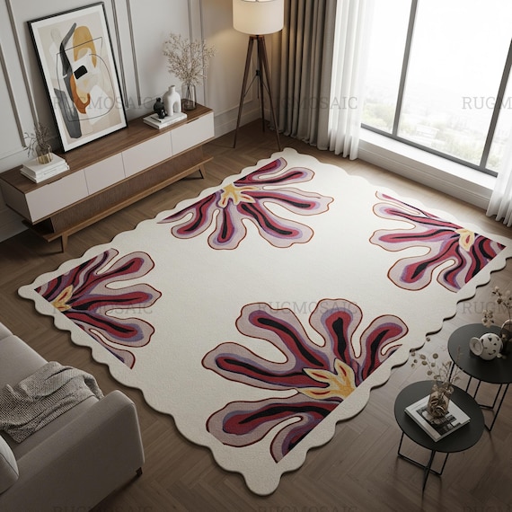 Scalloped Edge Off White Hand Tufted Red Purple Yellow Floral Wool Area Rug for Living Room, Modern Contemporary Custom Tuft Bedroom Rug 6x9