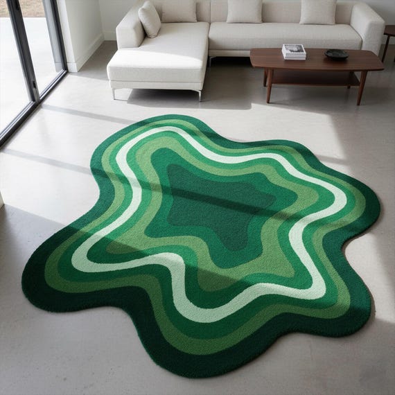 Green White Irregular Hand Tufted Wool Rug, Abstract Wavy Layered Custom Area Nursery Rug