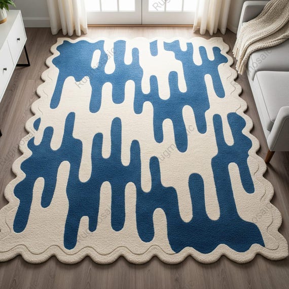 Off White Blue Abstract Hand Tufted Drip Pattern Scallop Edge Rugs for Living Room, Modern Artistic Home Decor Rug, Custom Handmade Carpets