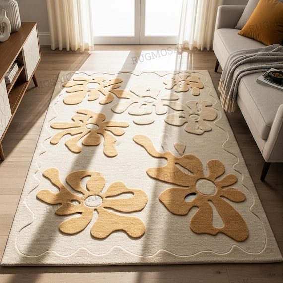 Light Beige Mustard Yellow Floral Hand Tufted Wavy Border Custom Wool Area Rugs for Living Room, Modern Low High Texture 6x9 Dining Room Rug