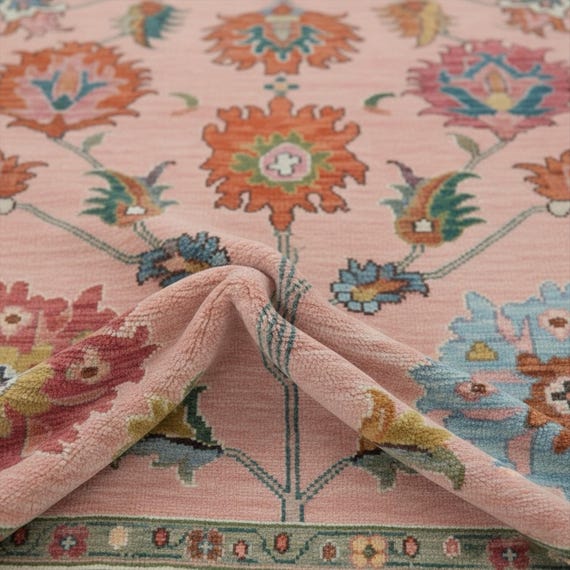 Blush Pink Colorful Floral Oushak Rug, Custom Handmade Hand Knotted Wool Rug For Bedroom, 5x8, 8x10, 9x12 Living Room Rug, Dining Area Rug