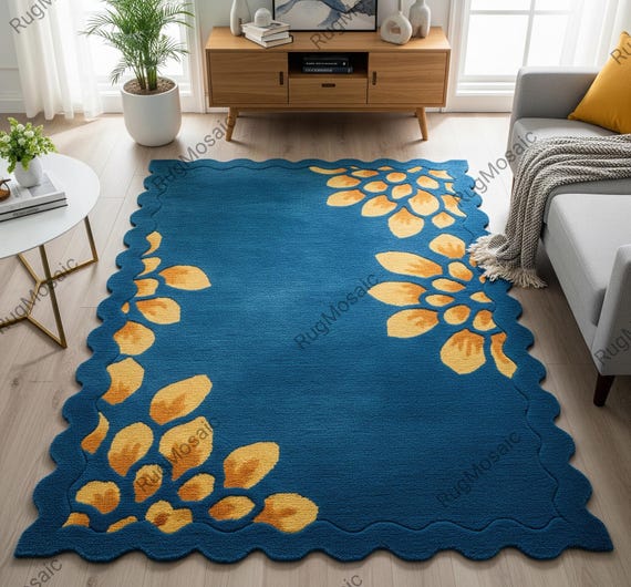 Navy Blue Golden Yellow Floral Hand Tufted Scalloped Wool Rug for Living Room, Modern Medium Pile 6x9 Kids Room Rugs, Custom Area Carpet
