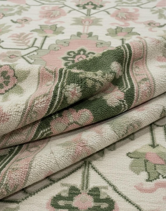 Ivory Sage Green Border Oushak Wool Rug, Blush Pink Floral Hand Knotted 5x8 8x10 9x12 Area Rugs For Bedroom, Traditional Tukish Knot Carpet