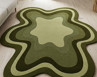 Alfombra de lana irregular verde apagado, moderna, abstracta, ondulada, hecha a mano.
