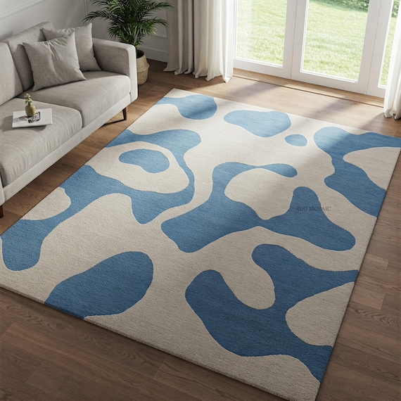 Blue and off white Modern Hand tufted abstract rug 5x7, 8x10 Contemporary Unique design rug for living room custom wool tufted rugs bedroom