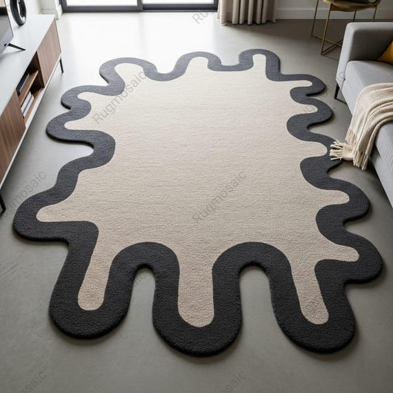 Off White Grey Irregular Hand Tufted Abstract Wool Area Rugs for Living Room, Modern Soft Warm Organic Shape Custom Size Dining Room Carpets